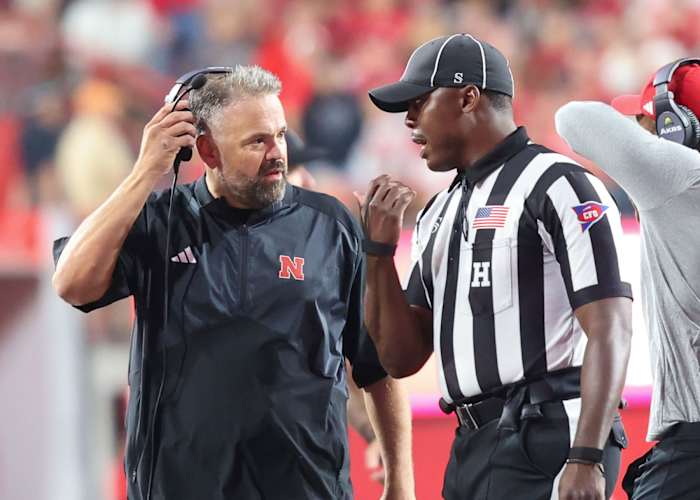 Matt Rhule and referee 2023 Nebraska football vs Northern Illinois